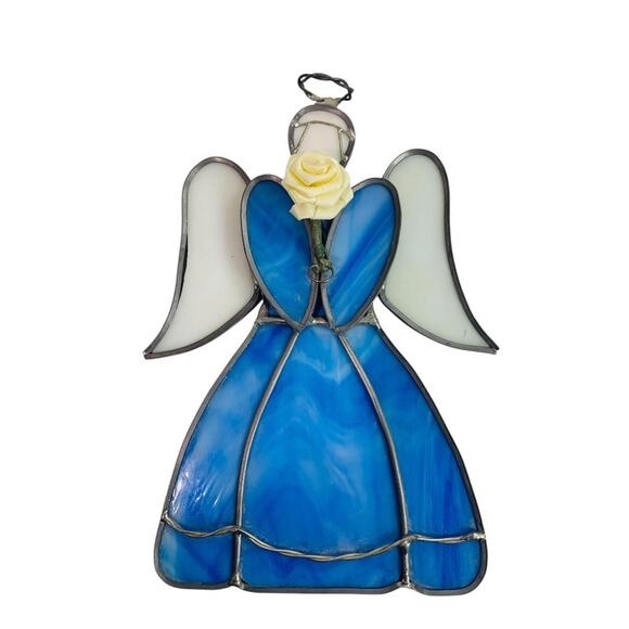 Vintage Stained Glass Angel 6.75 Inch Blue White Hanging - Picture 1 of 6
